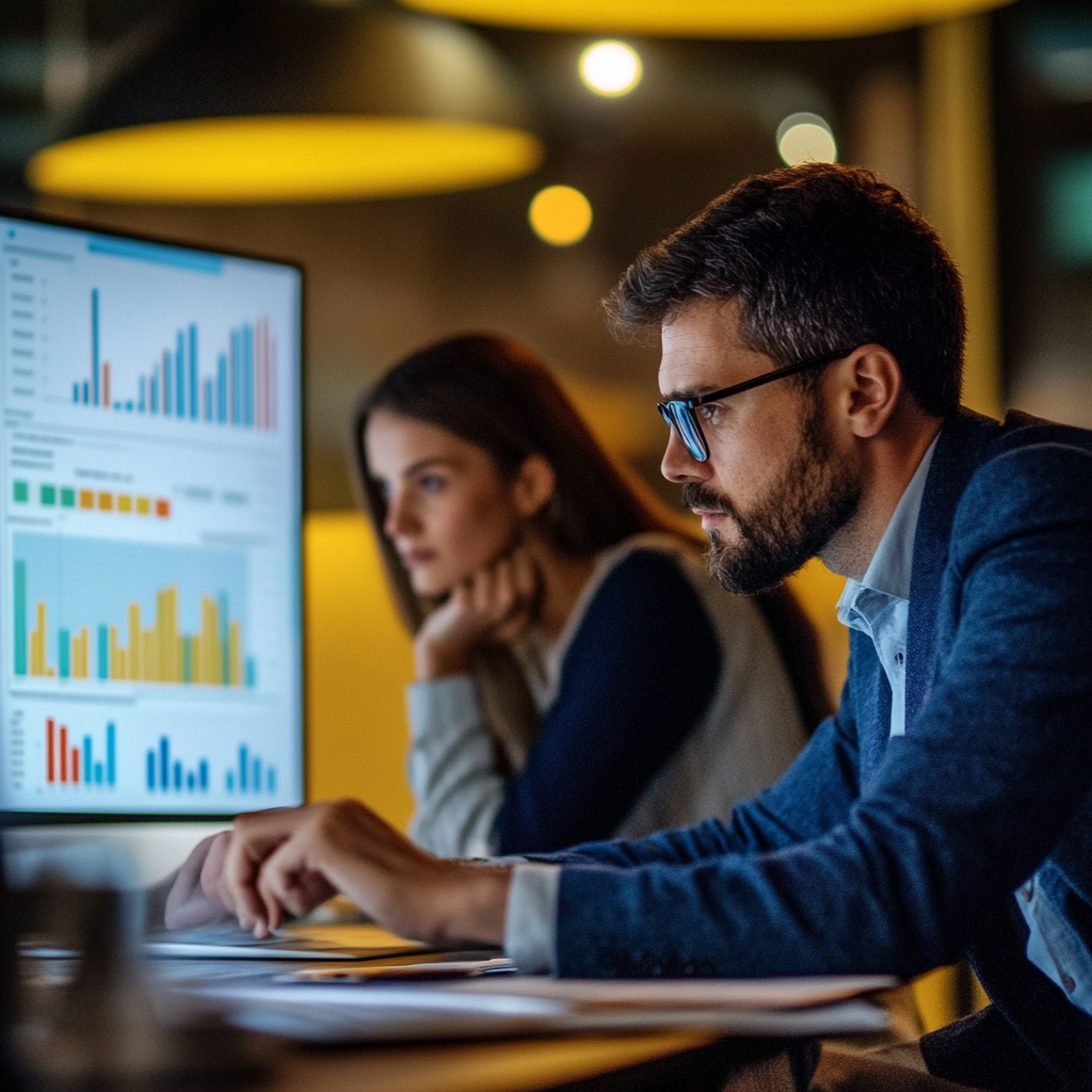 2 people watching powerbi kpi dashboard managment